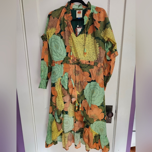 New with Tags Farm Rio for Anthropologie Long Sleeve Floral Midi Dress, Small - Picture 5 of 9
